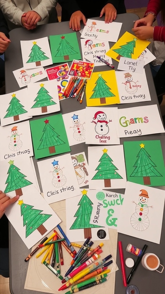 A collection of vibrant homemade Christmas cards with festive designs and crafting materials on a table.